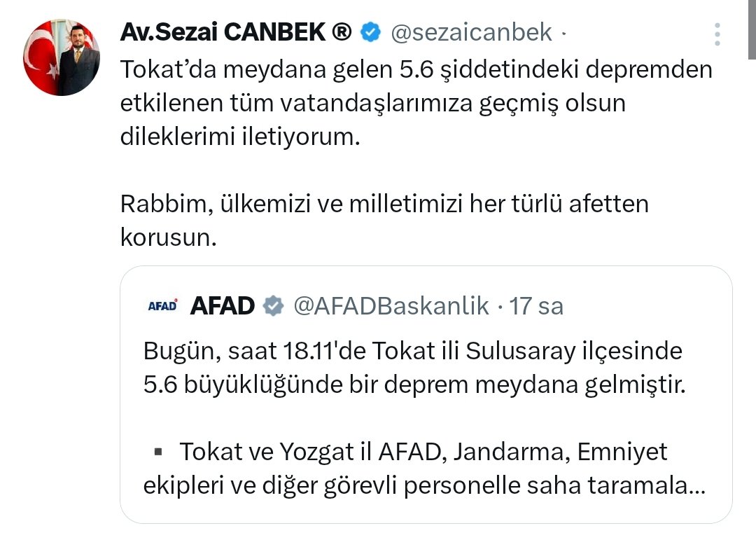 Tokat’da Meydana Gelen 5.6 Şiddetindeki Depremden Etkilenen Tüm Vatandaşlarımıza Geçmiş Olsun Dileklerimi İletiyorum. Rabbim, Ülkemizi Ve Milletimizi Her Türlü Afetten Korusun. @sezaicanbek