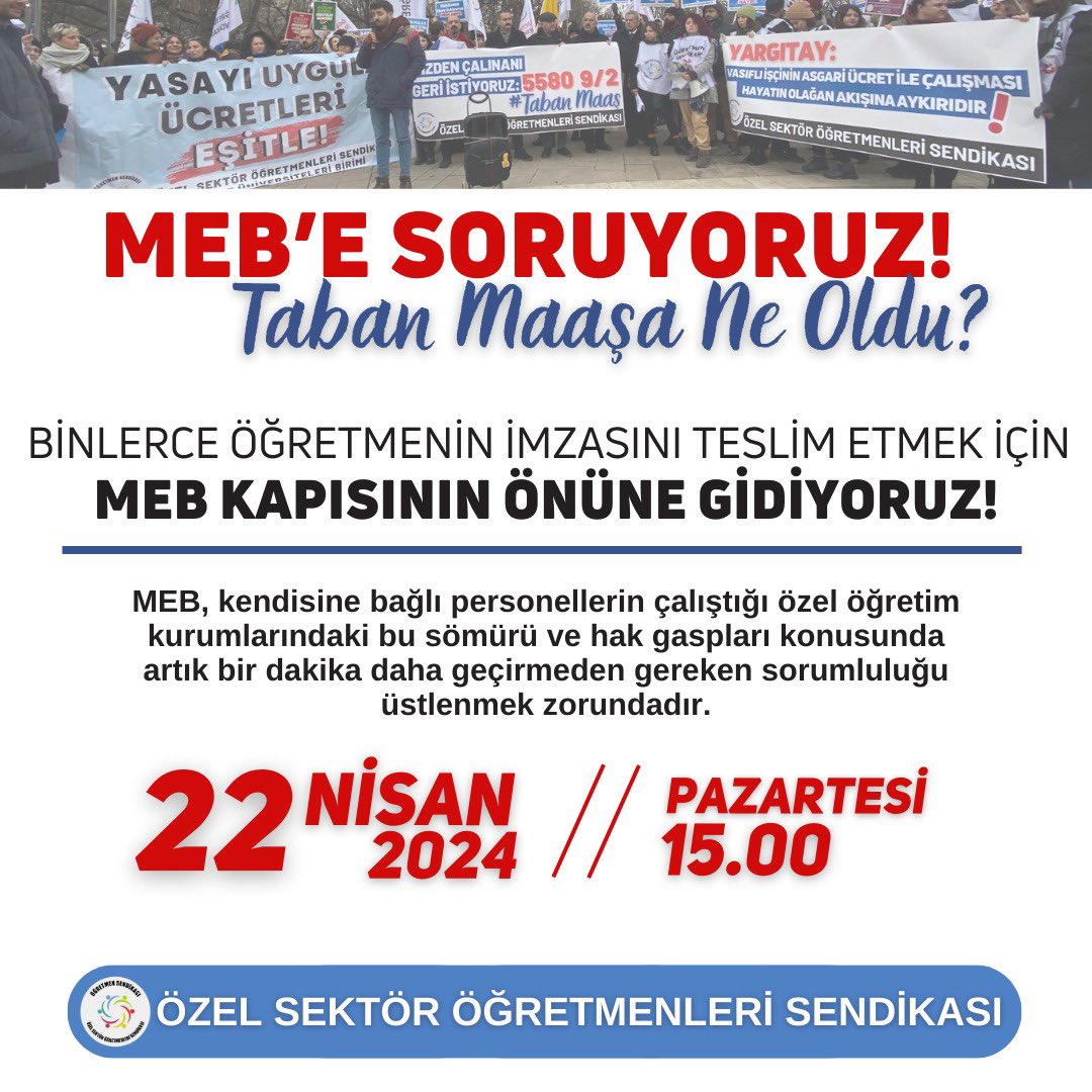 ❗️📣❗️ 2014'te elimizden alınan Anayasal hakkımızda ısrarcıyız. Biz; zaten bizim olanı, bizden çalınanı istiyoruz. Taleplerimizin altına imzasını atan binlerce öğretmenin sesini Bakanlığa yeniden ulaştıracağız. Birincil derecede sorumlu olan @tcmeb bizi görmezden geldikçe