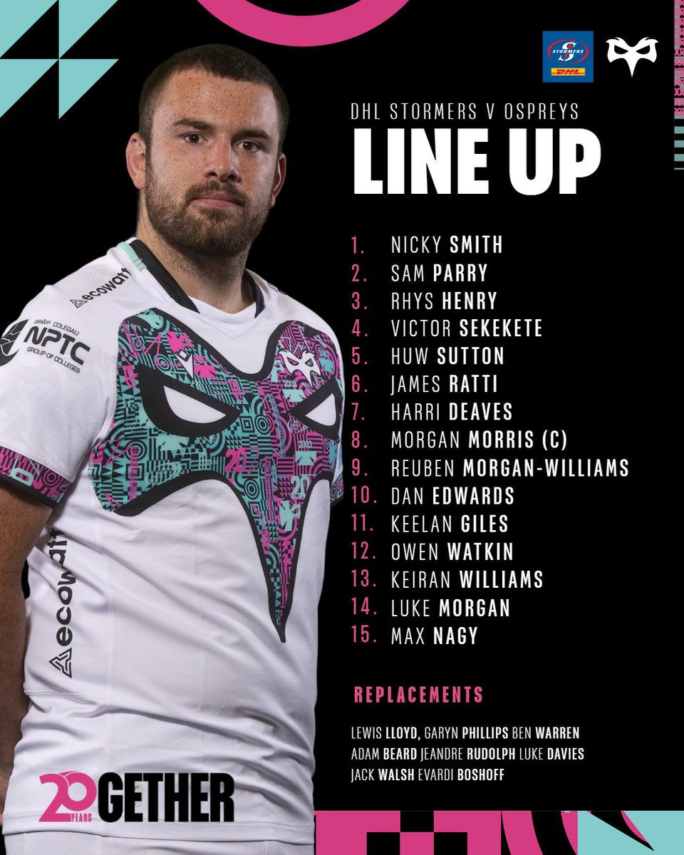 Our team to face the @THESTORMERS in Cape Town tomorrow! 🏆 @URCOfficial 🏟️ DHL Stadium, Cape Town 📅 20th April 🕐 18:15 KO 📺 @S4Cchwaraeon or @PremSportsTV 🎽 shop.ospreysrugby.com We're chasing knockout rugby and there's vital points on the line💪 #TogetherAsOne