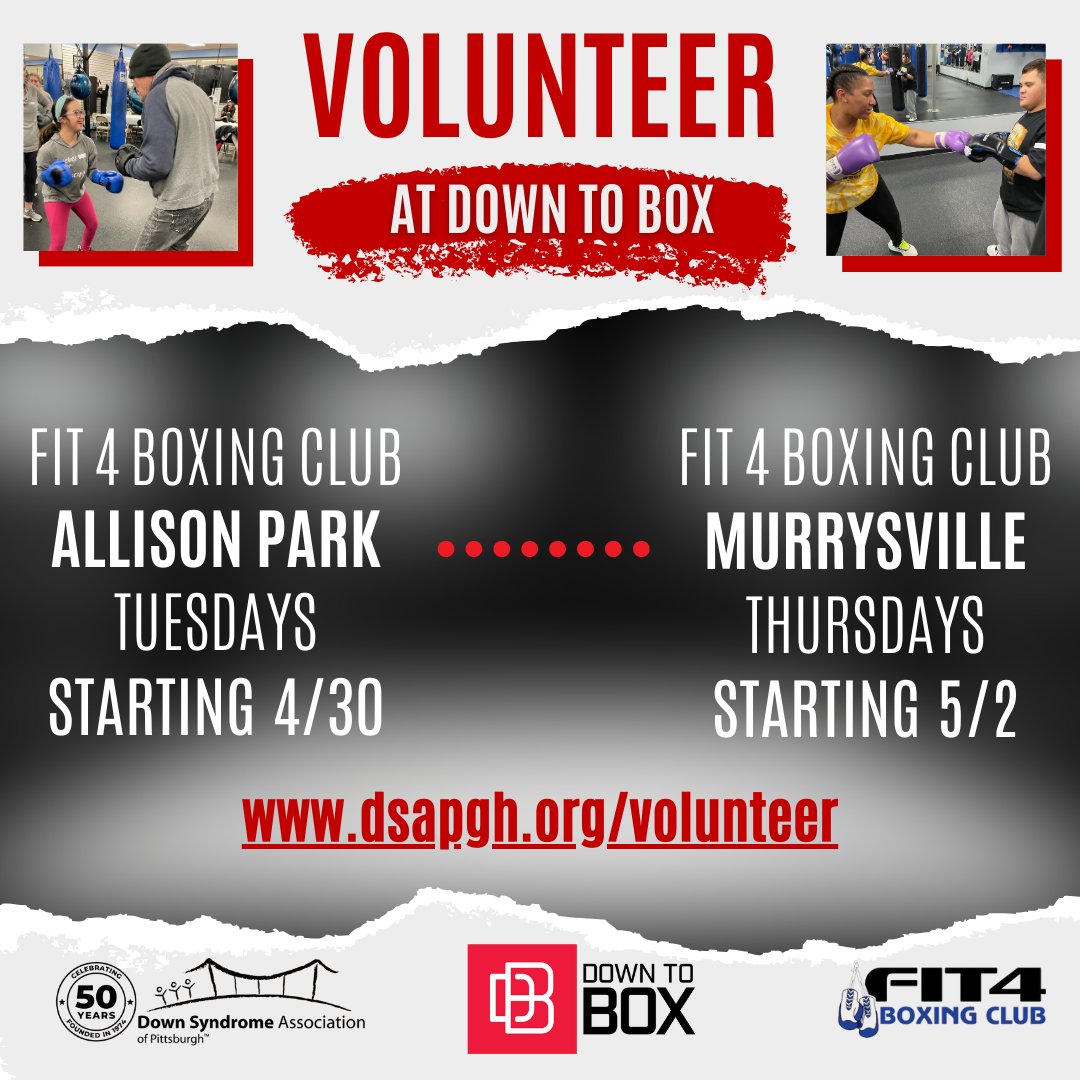 🥊#DowntoBox sessions are BACK for the spring/summer starting on 4/30 at @Fit4BoxingClub in Allison Park & on 5/2 in Murrysville. The sessions continue weekly on Tuesdays & Thursdays through July. Sign up to #volunteer weekly with Down to Box athletes: dsapgh.org/volunteer.
