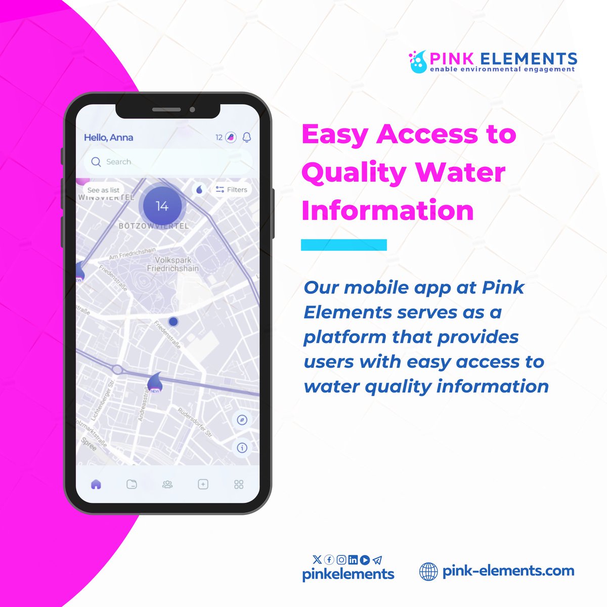 🚀 Imagine the future with Pink Elements, an innovative mobile app designed to revolutionize water quality analysis! Prepare to explore transparent and secure environmental data right from your device! 💧📱 🌍 Be part of a community-driven revolution powered by cutting-edge