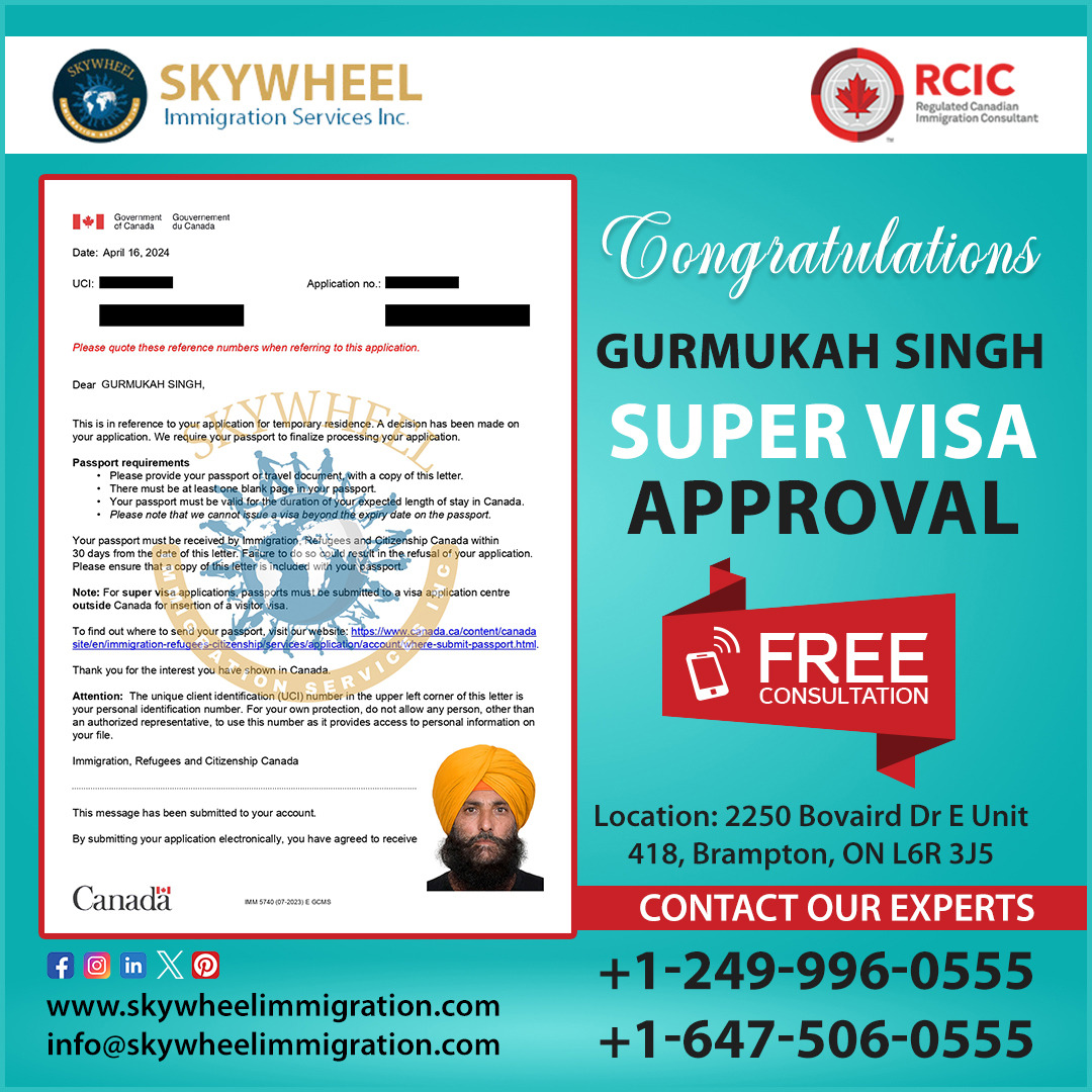 Congratulations to our satisfied client for (Super Visa Approval)
.
Contact Us
+1249-996-0555
+1-647-506-0555
skywheelimmigration.com
info@skywheelimmigration.com
.
.
#skywheelimmigration #supervisa #canada #visitorvisa #expressentry #lmia #immigrationconsultant #workpermit