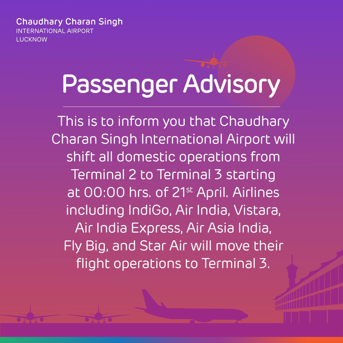Starting from 00:00 hrs. of 21st April, #LucknowAirport will shift all domestic operations from Terminal 2 to Terminal 3
#Lucknow #UttarPradesh #Terminal3
#Airlines #Indigo #Akasaair #AirIndia, #AirIndiaExpress, #Vistara, #FlyBig, #AirAsia #StarAir
@lkoairport