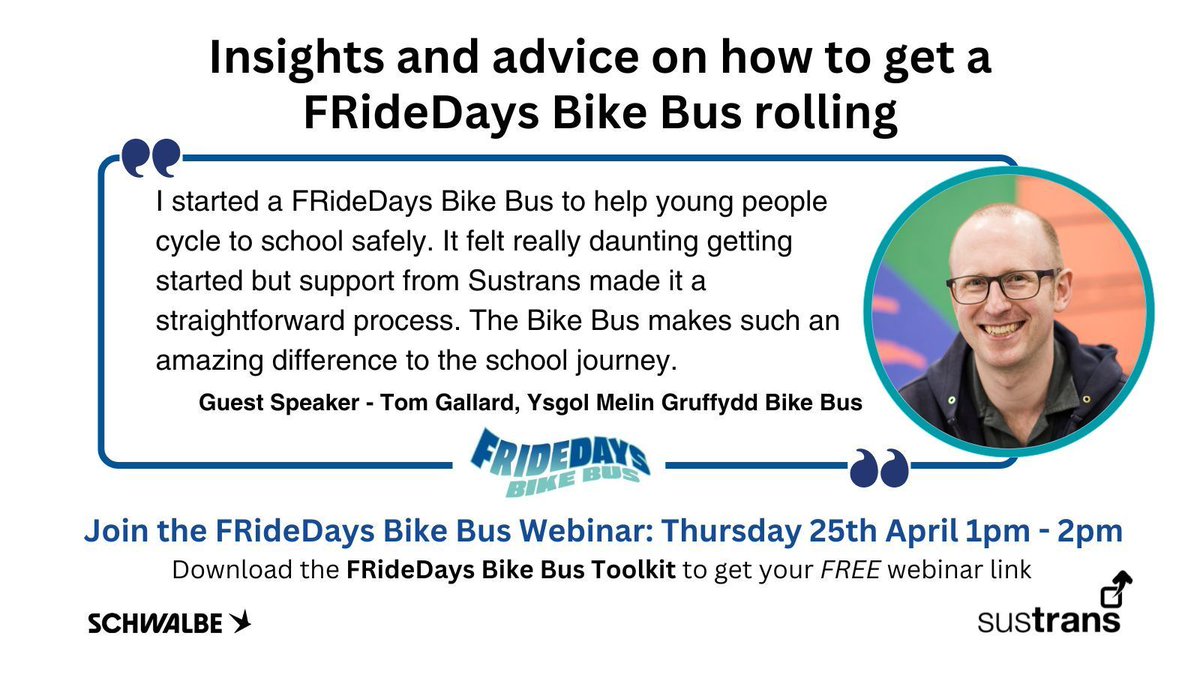 📣 Guest speaker Tom Gallard, Ysgol Melin Gruffydd Bike Bus organiser, will be sharing his insights at our upcoming webinar on 25th April 1-2pm. Download our FREE #BikeBus Toolkit to get your webinar link! 👉 buff.ly/3P74WDo @schwalbeuk @sustrans #fridaywecycle