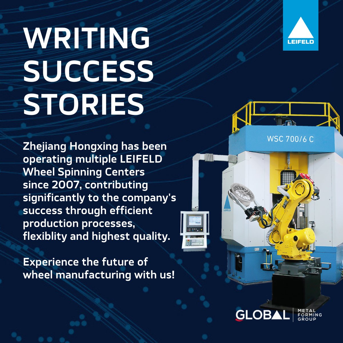 LeifeldMS's tweet image. Congrats to Zhejiang Hongxing! Pioneering the forged aluminum alloy wheel industry, they continue to set benchmarks in innovation and quality. Proud to support their success with our LEIFELD Wheel Spinning Centers.

#WheelManufacturing #Lightweight #FlowForming #Innovation
