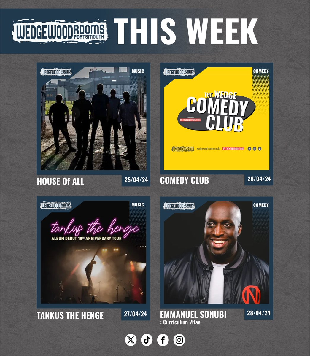 This week at the Wedge!😍 @fallcontinuum plus special guests The Wonky Folk Comedy Club – @JackSkipper & Michael May join us this week @BeatsandSwing present @tankusthehenge plus special guest @MadeleineWitney @emmanuelstandup: Curriculum Vitae 👉 wedgewood-rooms.co.uk 👈