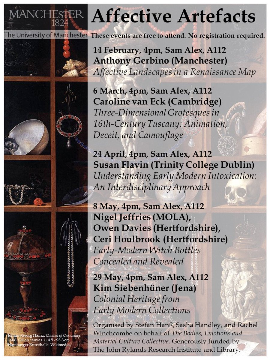 Join us for our next AFFECTIVE ARTEFACTS with amazing @flavin_susan (@tcddublin), Understanding Early Modern Intoxication: An Interdisciplinary Approach 24 April, 4pm, Sam Alex, A112 @rachelwinchers @sashahandley @TheJohnRylands @UoMSALC @ERC_Research