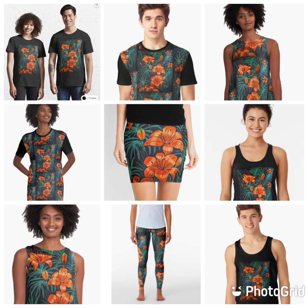 With acrylics, I painted these tiger lily flowers from an inspiration of those in our yard with some products.. redbubble.com/shop/ap/811907… #mattstarrfineart #gift #giftideas #tshirts #homedecor #tigerlily #lily #lilies #flower #flowers #plant #bloom #floral #apparel #dress