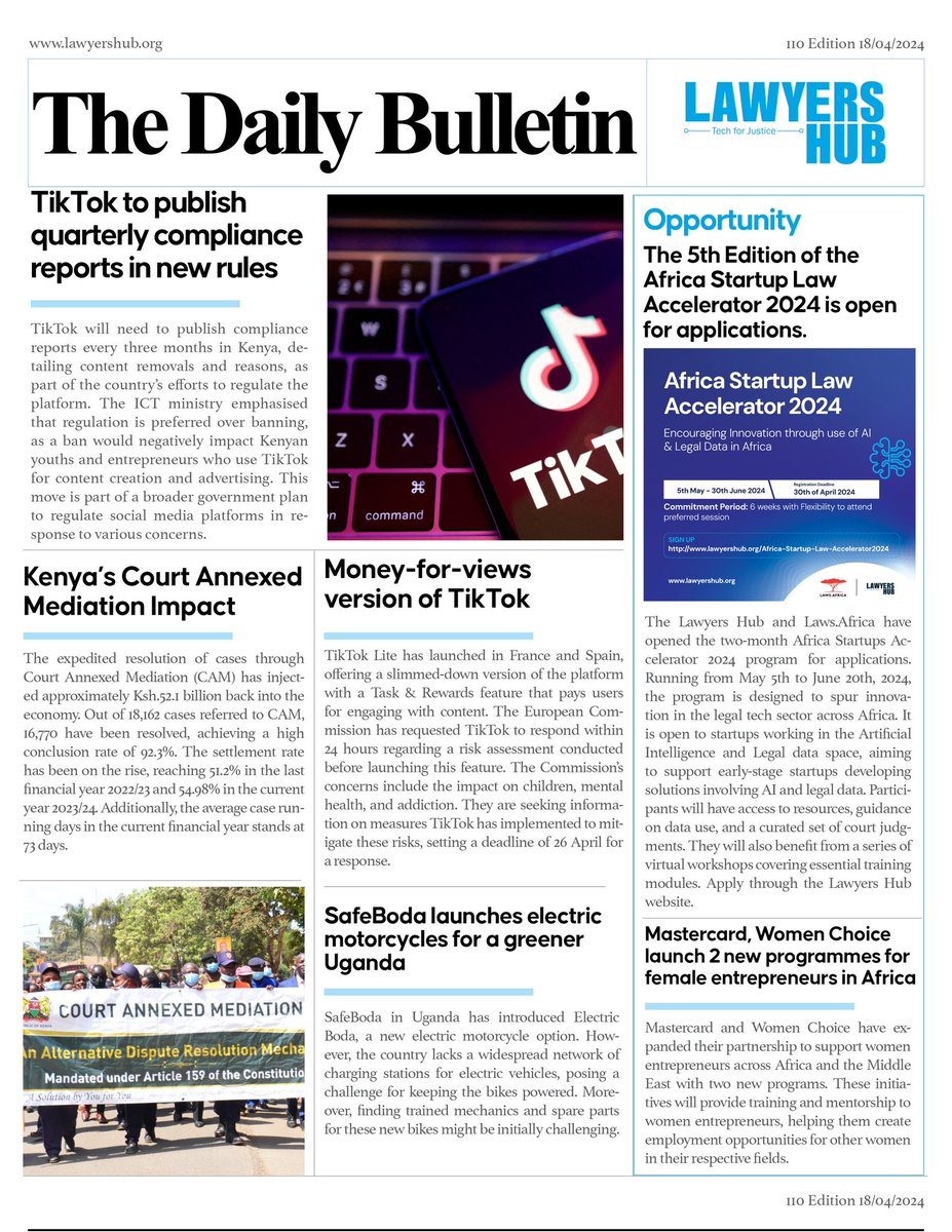 📌Today's #Law & #Tech highlights on our #DailyBulletin. Don't forget to subscribe to our newsletter for weekly updates! bit.ly/africalawtechr… ✅Apply for the #Startup Accelerator 2024 at lawyershub.org/Africa-Startup…. #TikTok #AI