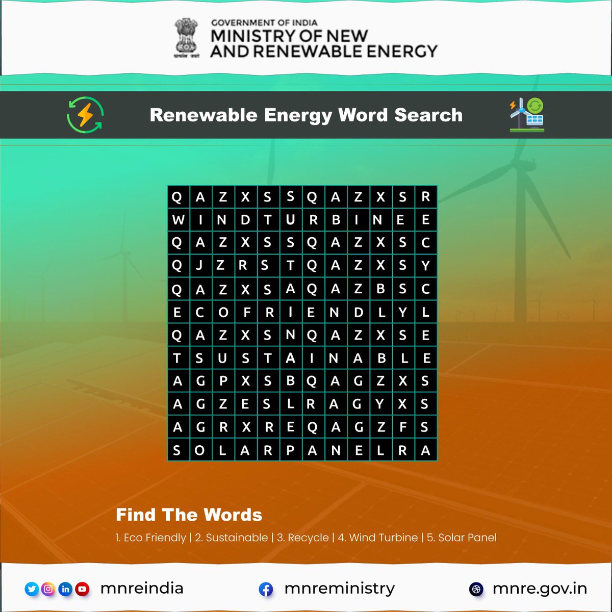 Crossword challenge! Ready to crack the code?

Let's unlock the power of Renewable Energy and pave the way to a brighter future.

#RenewableEnergy #PuzzleFun #MNREIndia