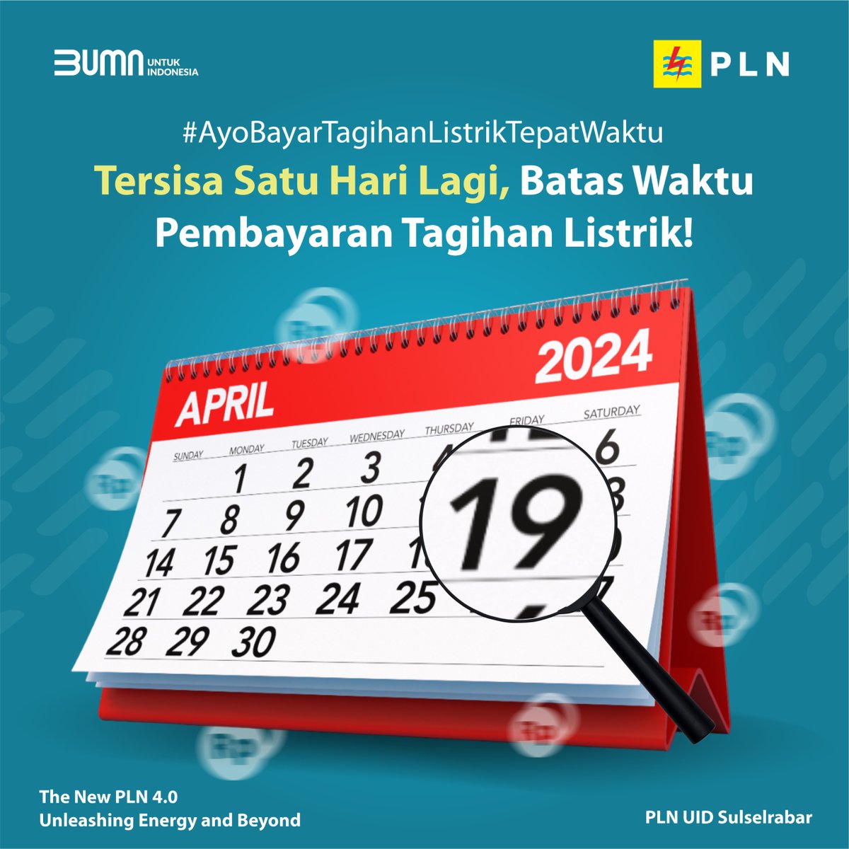 Electrizen, jangan lupa bayar tagihan listrik di bulan ini, tersisa satu hari lagi sebelum tanggal 20. Biar semakin cepat dan praktis, pakai PLN Mobile untuk melakukan pembayaran tagihan listrikmu..

#bayarlistrik #tokenlistrik #PLN #SWACam #PLN #PLNSulselrabar #TJSLPLN #UMKM