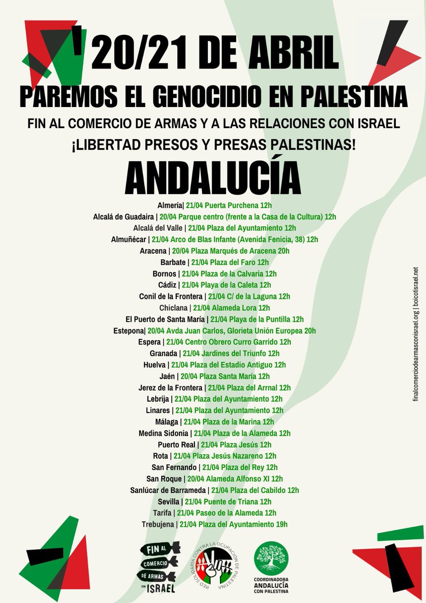 🇵🇸✊🏻 Este fin de semana salimos de nuevo a las calles en defensa del pueblo palestino. Paremos el genocidio en Palestina. Basta ya de complicidades. ¡Busca la manifestación que te pille más cerca y súmate! #AndalucíaConPalestina