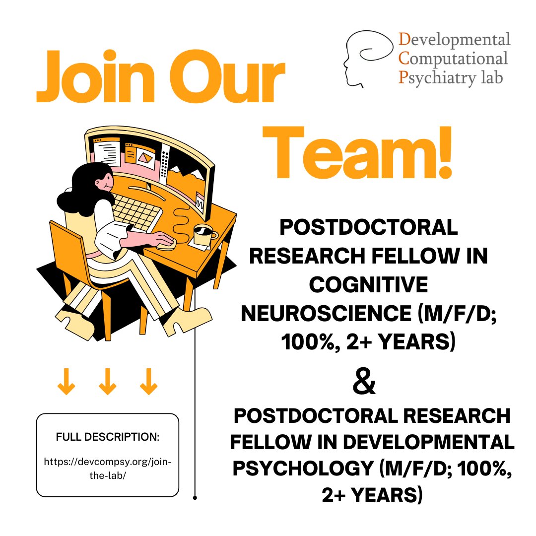 TobiasUHauser's tweet image. 📢 Join our team at the Developmental Computational Psychiatry lab 🧠🔬👩‍🔬

🧑‍🎓If you&apos;re a PhD (or near completion) in
1. developmental psychology/cognitive neuroscience or 
2. cognitive neuroscience/neuroimaging with neuroimaging, 
apply now: devcompsy.org/wp-content/upl…

#Postdoc