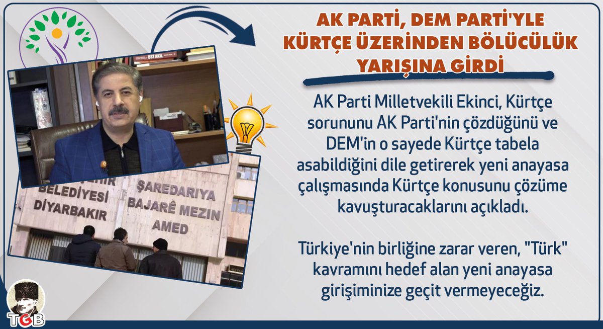 Bugün Türkiye'nin Kürtçe diye bir sorunu yoktur. AK Parti, DEM Parti'yle 'Kürtçe' yarışına girerek Türkiye'nin birliğine zarar veriyor. Resmi dili Türkçe olan ülkemizde, yeni anayasa tasarılarınızda resmi dilimizi mi değiştireceksiniz yoksa yeni bir resmi dil mi ekleyeceksiniz?