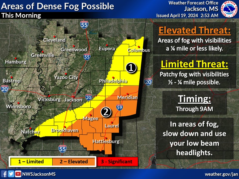 Good morning! Isolated showers and storms will be possible along and north of Interstate 20. Elsewhere, expect mostly to partly cloudy skies. Highs will range from the lower 70s to middle 80s. Areas of dense fog will be possible through 9am.