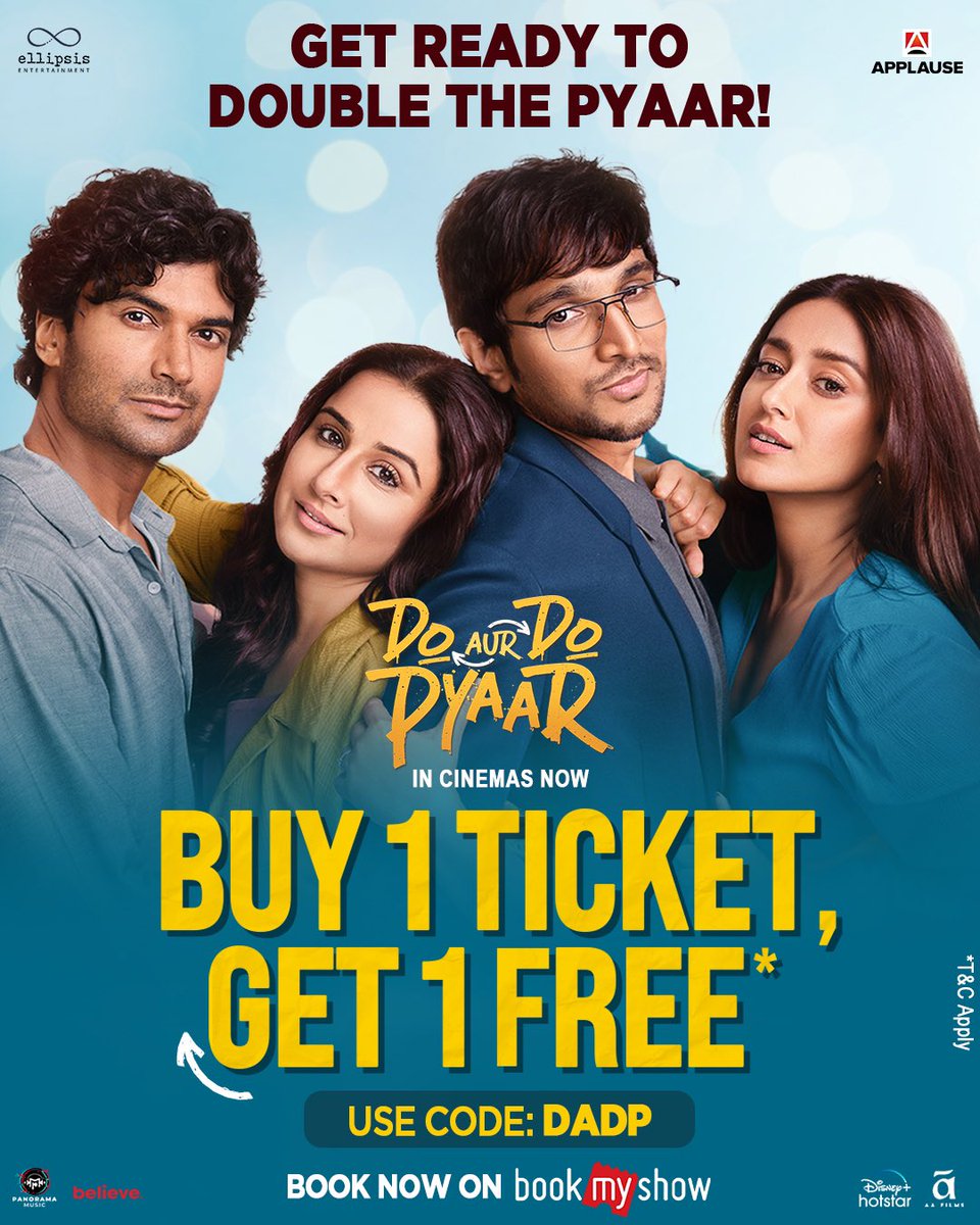Why settle for one when you can have two? Enjoy double the fun with Buy One Get One Free offer for #DoAurDoPyaar! 🎟️ Grab your seats now!🔥 #BOGO Featuring #VidyaBalan, #PratikGandhi, #IleanaDCruz, and #SendhilRamamurthy. Film released today!