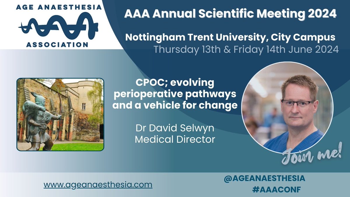 SPEAKER SPOTLIGHT 💡 We are delighted to be joined by Dr David Selwyn @totallytigers at AAA Annual Scientific Meeting 2024 in Nottingham this June. Register now to see his talk on CPOC; evolving perioperative pathways and a vehicle for change emdevents.eventsair.com/age-anaesthesi…