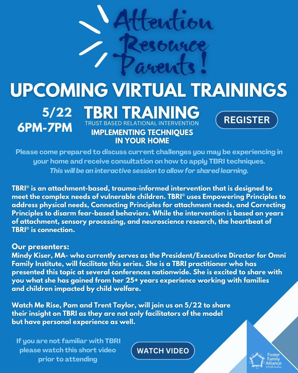 🚨 Attention Resource Parents! Virtual Training Alert! 
 
💻 Register- buff.ly/3PYRv8h

If you are not familiar with TBRI please watch this short video prior to attending - buff.ly/3VWdLU8 

#FFA #fostercare #socialworker #VirtualTraining #TBRI #TBRITraining