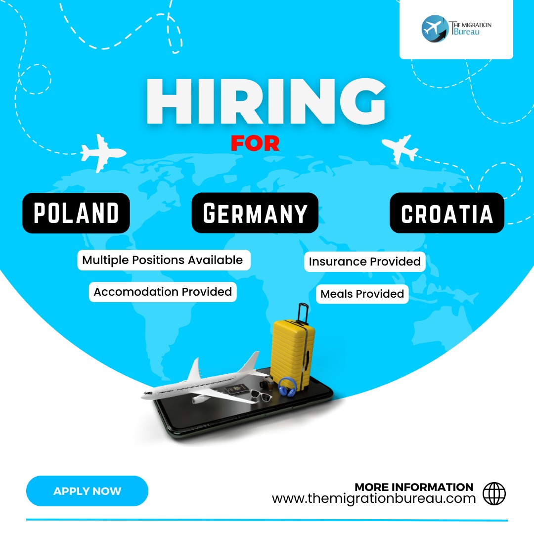 🌍 Unlock Your Global Career Journey! 🚀 Work Permits for Poland, Germany, and Croatia Available Now! 🇵🇱🇩🇪🇭🇷 Multiple Positions, Accommodation, Meals, and Insurance Provided. Let's Make Your Dream Job a Reality! #GlobalCareers #WorkPermits #JobOpportunities #workpermit