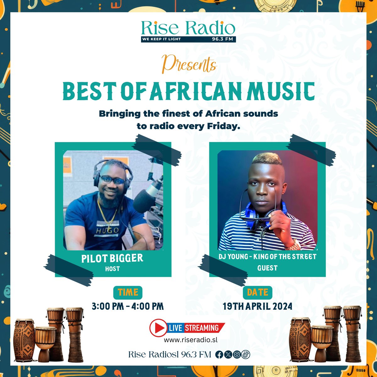 Join us as we bring the finest sounds of #Africa to your radio every Friday. Set your clocks for a #musicaljourney from 3:00pm to 4:00pm. Hosted by the incredible Pilot Bigger with special guests DjYoung (King of the street)
@ASMAAKJAMES @mariamajbah9
#Riseradiosl