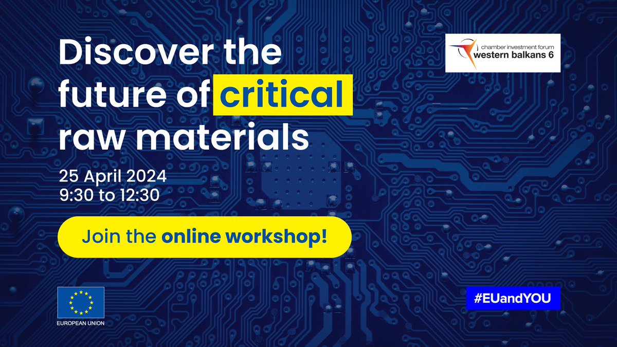 🌍 Explore the strategic role of Critical Raw Materials in Europe’s future! Join the online workshop on 25 April 2024, 9:30-12:30. Learn about the EU's initiatives & connect with experts. 🌐 For more information: bit.ly/4439X5e #EUforYOU #WesternBalkans #WeBalkans