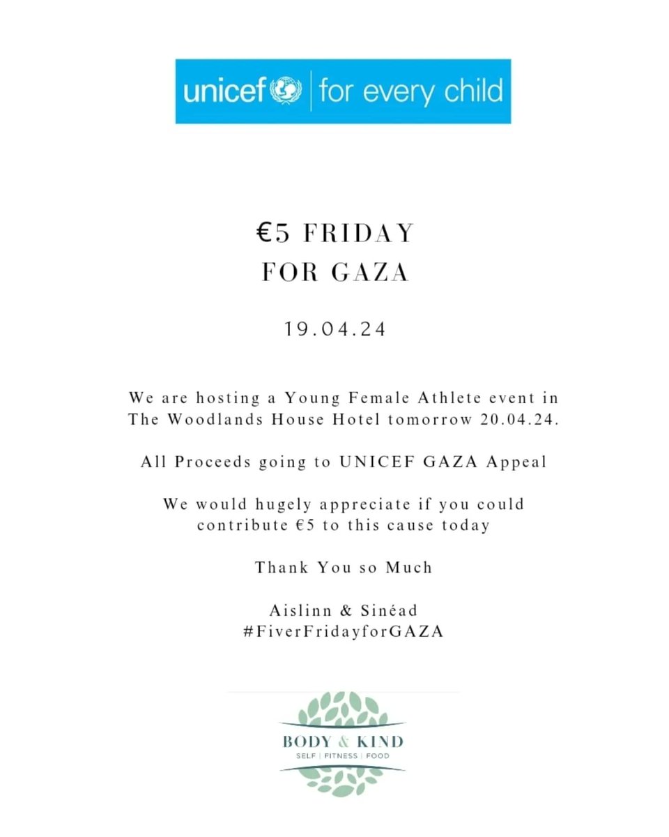 aislinncon's tweet photo. #FiverFridayForGaza
Last push today ahead of our Women in Sport event tomorrow. To raise funds for UNICEF GAZA Appeal.

If u can spare a €5 know it will go to the heart of UNICEFs appeal to help the devastation we are seeing in GAZA.

Míle buíochas x

https://t.co/fAoFVX36Yl https://t.co/7Epr28GlwP