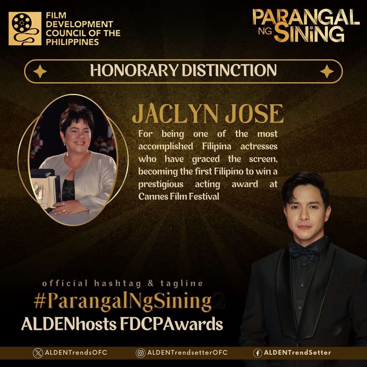 For the Honorary Distinction, Ms. Jaclyn Jose, someone really close to Alden's heart (his Tita Jane) ❤️ She's one of the most accomplished Filipina actresses of all time. TRULY PRICELESS! 🏆 @aldenrichards02 @fdcpofficial #ParangalNgSining #ALDENRichards ALDENhosts…