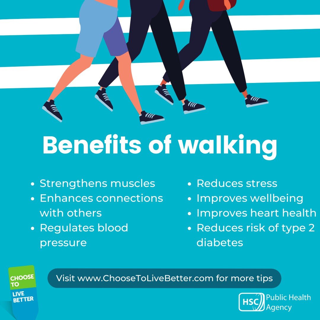 There are benefits of walking including helping to reduce stress & improve wellbeing. It’s also a great way to connect with others while improving your physical health at the same time. Consider doing some physical activity you enjoy. ChooseToLiveBetter.com #StressAwarenessMonth