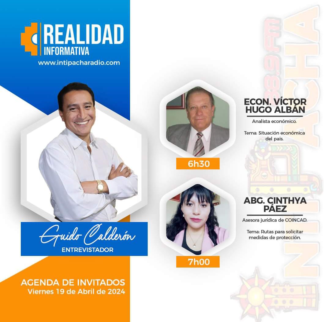 Hoy, en #RealidadInformativa  #VictorHugoAlban Analista Económico , y la Abogada #CinthyaPaez sobre la #coyunturapolitica. Les esperamos. #RadioIntiPacha  #Cayambe