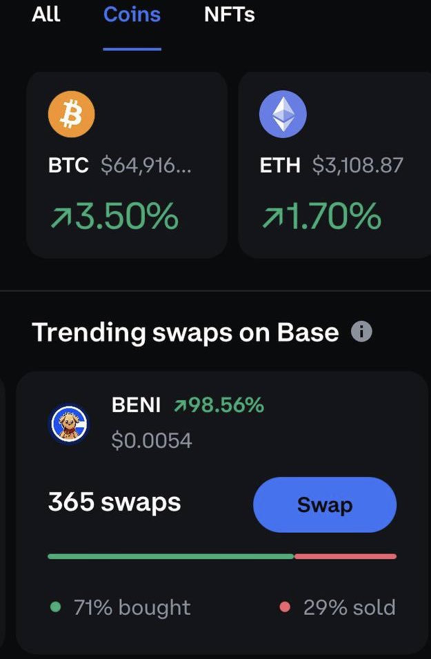 benionbase's tweet image. Trending swaps on Coinbase wallet

Dad, we are going worldwide 🐕 @jconorgrogan 

#Beni #Base $Beni