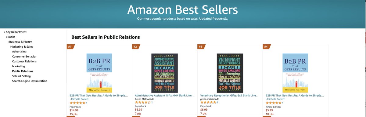 Gotta say, this is how I like to wake up - with BOTH versions of my book at the TOP of the Amazon Best Sellers list 😌

Thank you SO MUCH for ALL your support of 𝐁2𝐁 𝐏𝐑 𝐓𝐡𝐚𝐭 𝐆𝐞𝐭𝐬 𝐑𝐞𝐬𝐮𝐥𝐭𝐬!

I couldn't be more grateful. 🙏 
#B2BPRThatGetsResults #AmazonBestSeller