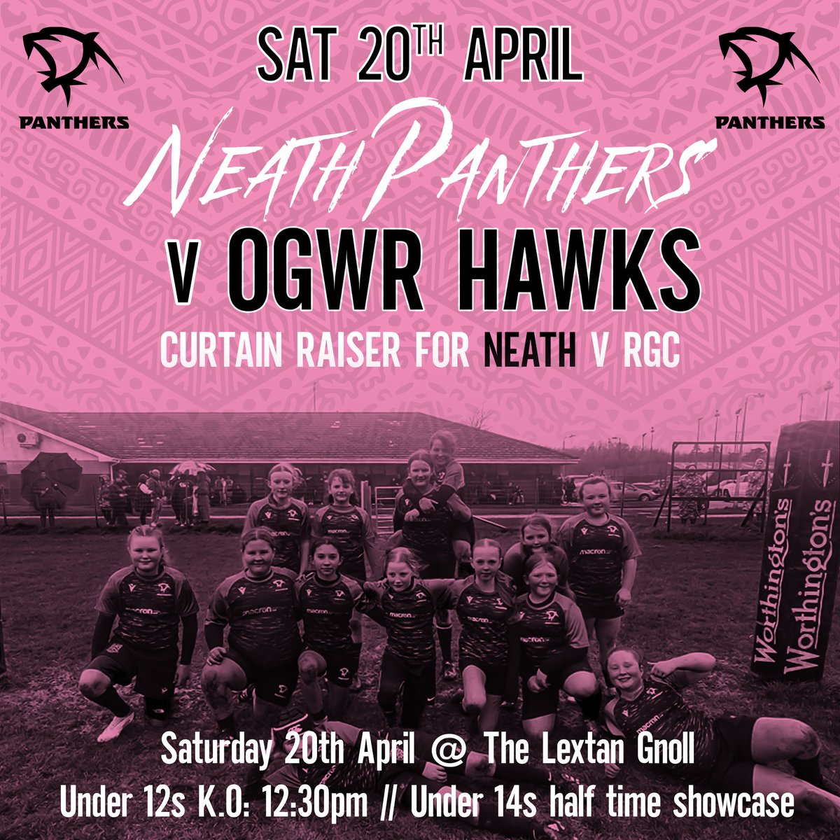 Neath v RGC Curtain Raiser!! Join us for a thrilling day of rugby as the Neath Panthers Under 12s take on OGWR Hawks, followed by an electrifying halftime showcase featuring the Neath Panthers Under 14s! KICK OFF: 12:30 PM