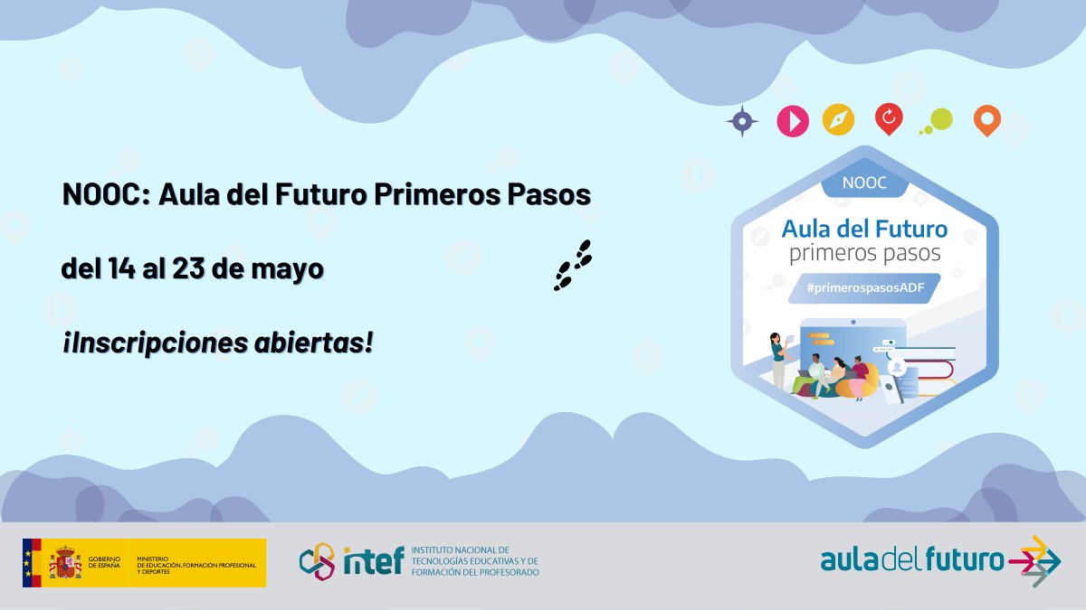 🆕Únete a nuestra actividad formativa: NOOC Aula del Futuro - Primeros pasos

Aprende cómo implementar este proyecto a partir de experiencias de éxito

🚀¡Inscríbete hoy mismo y forma parte del cambio educativo!

👉enlinea.intef.es/courses/course…