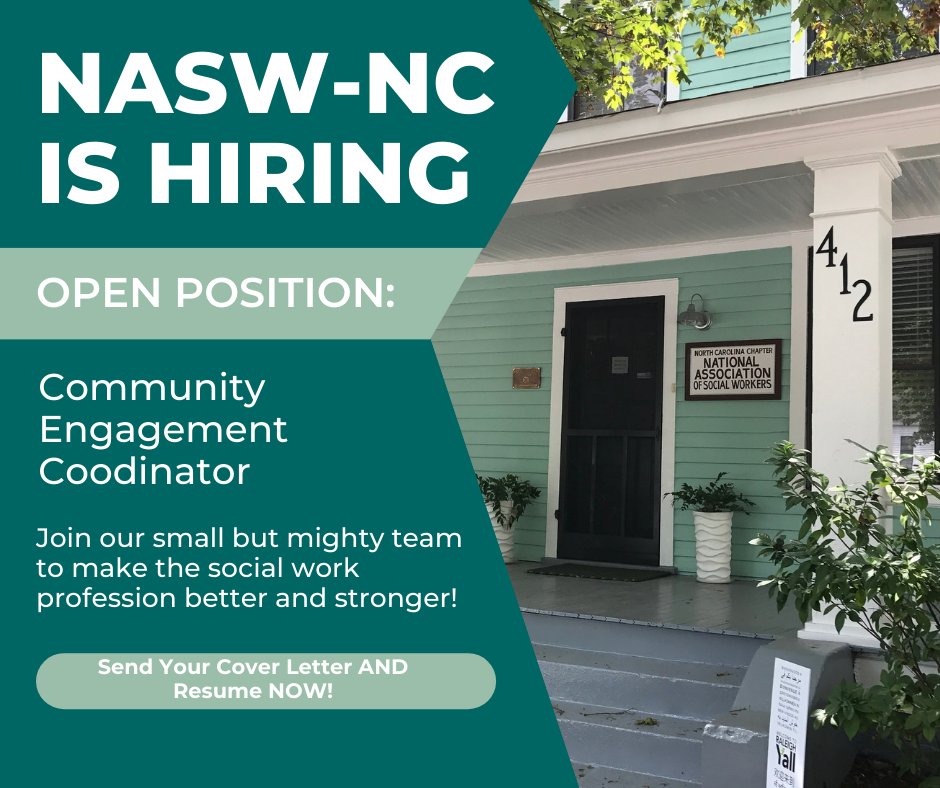 NASW-NC is seeking a Community Engagement Coordinator to support the social work student and professional membership of NASW-NC, develop and cultivate community partnerships, and recommend and develop innovative programs and resources. More here: naswnc.org/news/670084/NA…