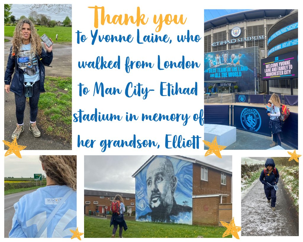 Thank you to the incredible Yvonne Laine who has raised over £8000 for SUDC UK, by setting herself the challenge of walking from Bromley, London to Manchester City Football stadium, walking 16 miles per day in memory of her grandson, Elliott.💙⭐️ #SUDCFundraising #SUDC