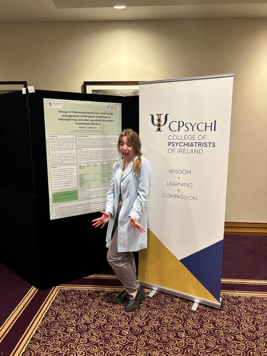 Aoibheann Rainford is this winner of the NCHD poster competition for 'Omega-3 Polyunsaturated Fatty Acids in the management of Metabolic Syndrome in schizophrenia and other psychotic disorders: A Systematic Review'. We're as delighted as she was! 😄 #PsychConf