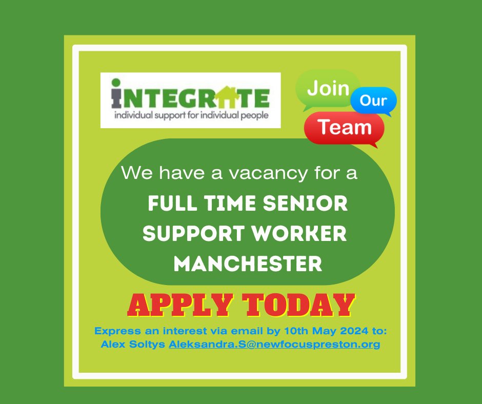 We are hiring - FULL-TIME SENIOR SUPPORT WORKER POST
(Based in Manchester)

To find out more, visit integratepreston.org.uk/2024/04/18/sen…
#jobsinmanchester #manchesterjobs #socialcarejobs #supportworkerjobs
