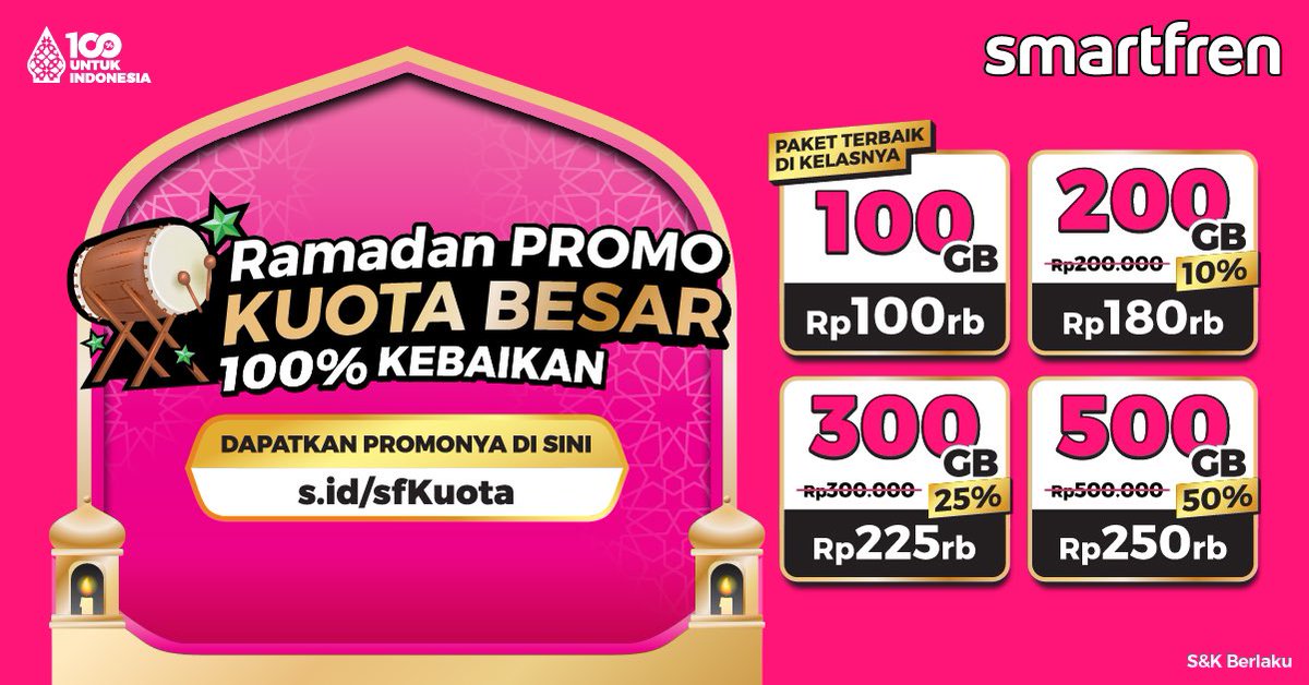 Internetan nyaman di Bulan Ramadan, pakai yang Terbaik di Kelasnya! Dapetin promo hingga 50% untuk Series Kuota Besar 200Gb, 300GB dan 500GB. Kapan lagi Kuota Besar 500GB cuma seharga Rp250rb? Yuk, beli sekarang di s.id/sfKuota