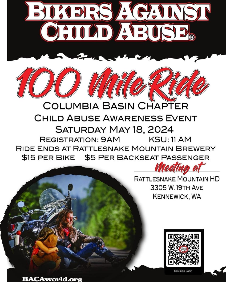Bikers Against Child Abuse 100 mile ride May 18, starting at Rattlesnake Mountain Harley Davidson in Kennewick, WA
#motorcycle #motorcyclist #biker #harleydavidson #bikersfortrump