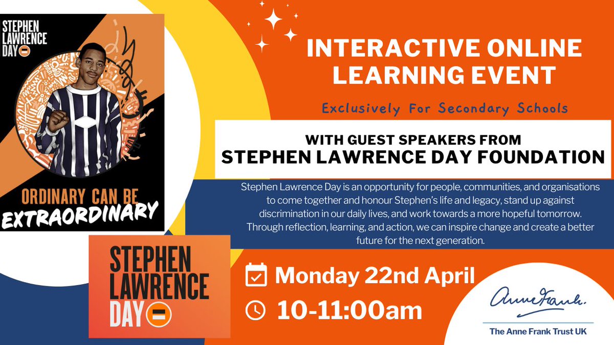 Join our online learning event (for students 11+) for ‘Stephen Lawrence Day’, this Monday 22nd April at 10am, with special guests from @sldayfdn 👉🏾Register to attend here: eventbrite.co.uk/e/stephen-lawr…