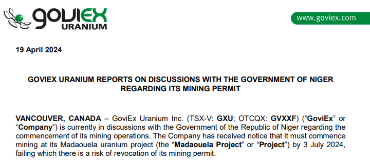 'Failure to commence #uranium mining at Madaouela by July 3, 2024 may risk the revocation of its mining permit' 
Ever since the July 2023 coup, it certainly has NOT been business as usual in Niger. 
Is anyone really surprised ?