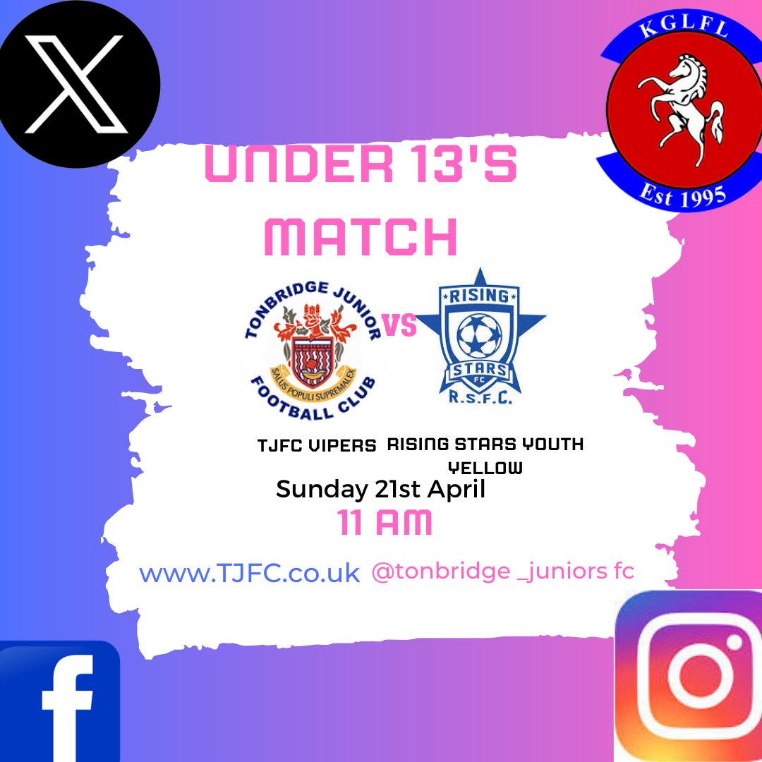 Under 13s Girls Fixture (Sunday 21st April ) 

We look forward to playing @RisingStarsYFC #VipersvRisingstarsyouthyellow #TJFCgirls #tonbridgejuniorsfootballclub #Tonbridge #GirlsfootballinTonbridge #Homegame #Under13s #Girlscanlaytoo #Oneclubonefamily @KentFA @KGLFL