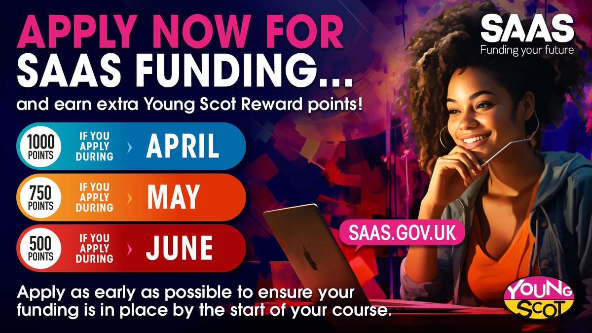 Freshers – apply now for funding! @saastweet are open for applications for the 2024-25 session. Sort your funding early & enjoy a stress-free start to student life! Get 1000 Young Scot Reward points if you apply in April! Apply now at saas.gov.uk #StartWithSAAS