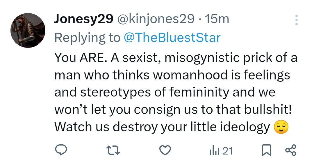 These people are allowed to vote. They seriously think I'm a man, like genuinely. This is your brain on TERF.

Now who wants to see my enormous non existent penis?