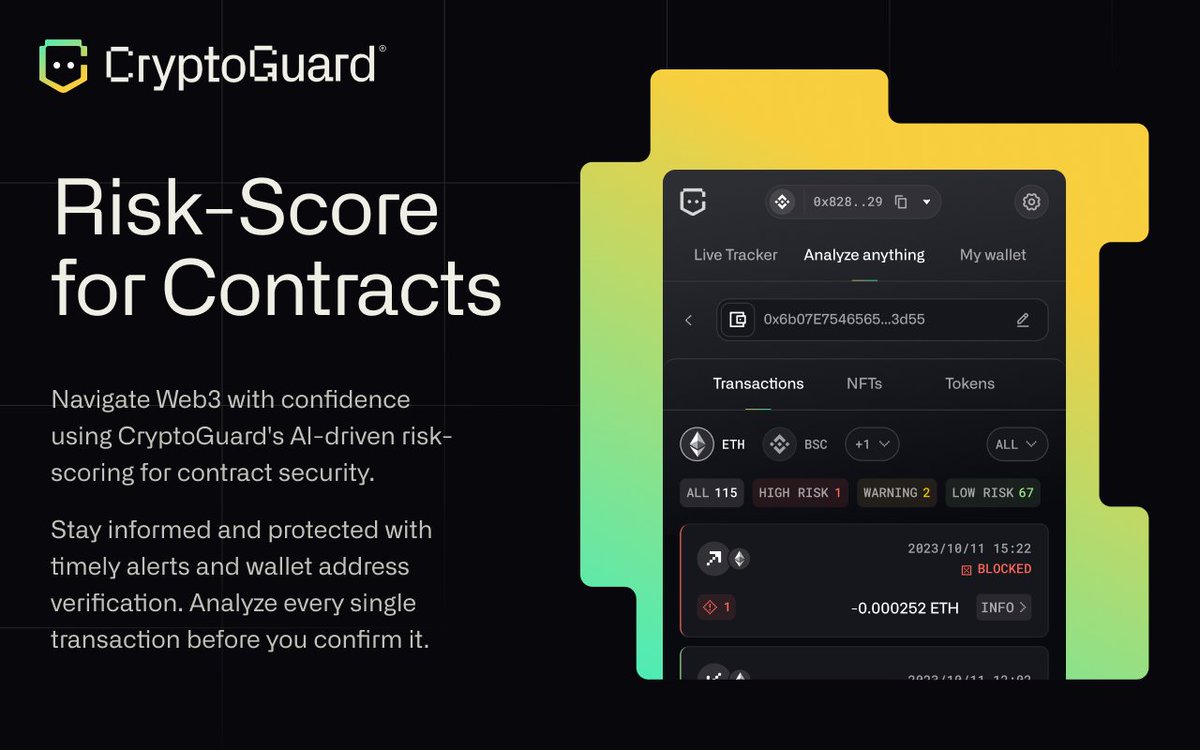 CryptoGuard scans contracts using advanced AI🔒👀

After evaluating transactions and wallet interactions, you'll receive a risk score for each:

🟢 Low-Risk
🟡 Warning
🔴 High-Risk

Download CryptoGuard: cryptoguard.ai