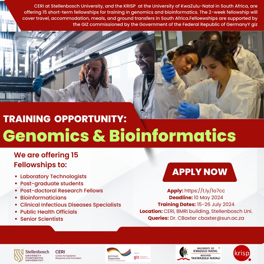 Ready to boost your skills in genomics & bioinformatics? Apply for our 2-week fellowship program covering travel, accommodation, meals, and more. Deadline: May 10, 2024. In collaboration with @krisp_news at @UKZN & supported by @GizSouth Apply here: t.ly/1o7cc