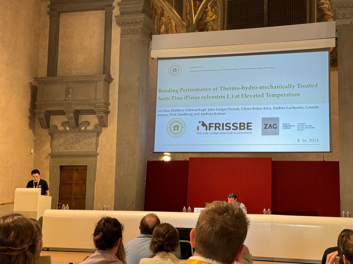 🔥 Lei Han presented Bending performance of thermo-hydro-mechanically treated Scots pine at elevated temperature at ECWM 11. It is beneficial to predict the residual load bearing capacity in-#fire and post-fire.

#InnoRenew #WoDeFi #woodmodification @FRISSBEproject @ZAG_Slovenia