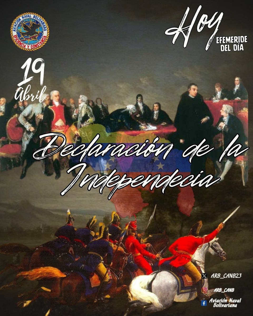 📌 Hoy #19ABR el <a href="/ARB_CANB23/">Aviacion Naval Bolivariana</a> conmemora la Declaración de nuestra Independencia, donde el Pueblo se rebeló contra el imperio español, hace 214 años, dando inicio a un proceso que culminaría en la independencia de Venezuela. BZ!