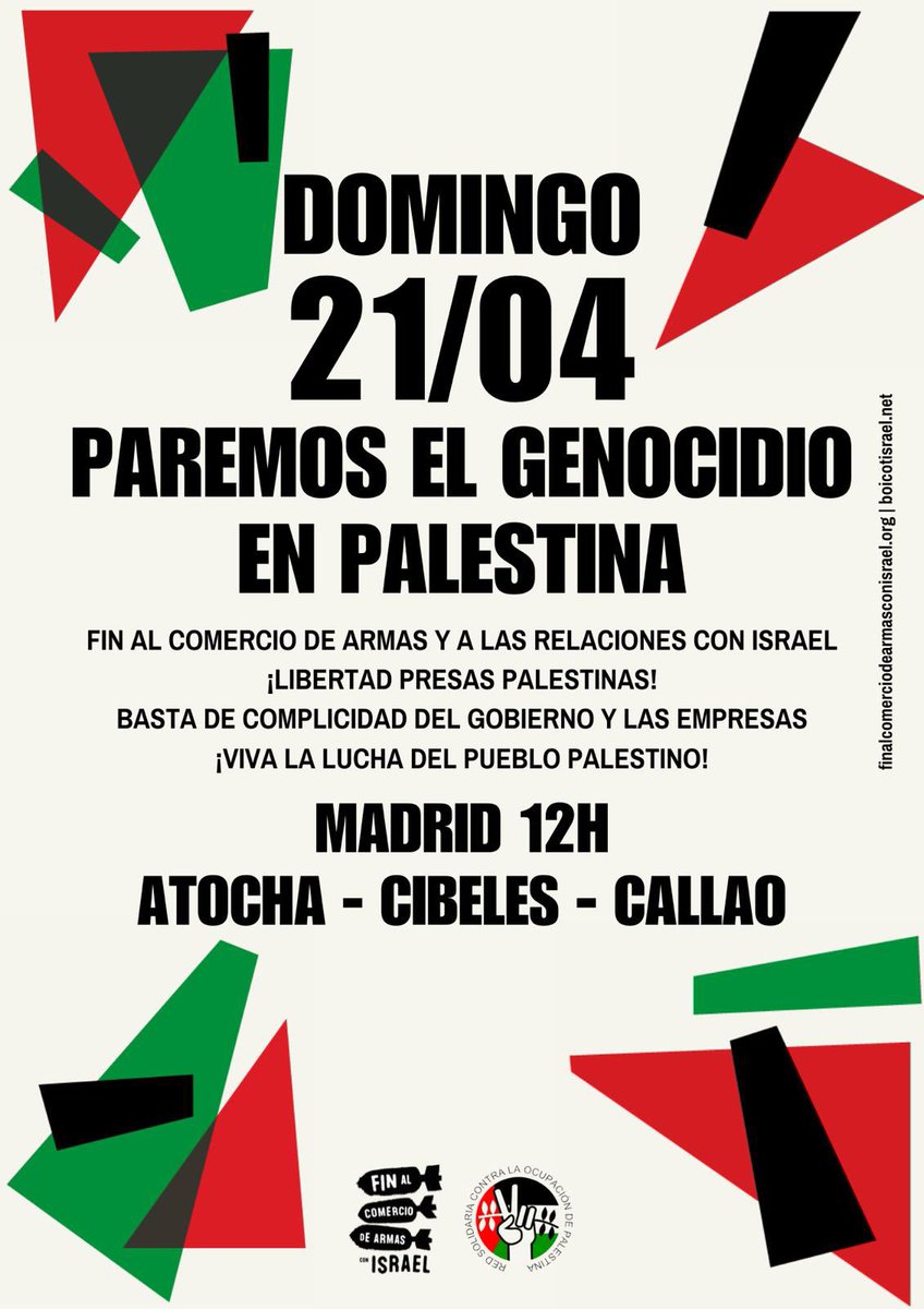 Contra la complicidad del Gobierno vendiendo armas a Israel, contra las empresas que financian el genocidio en Gaza. Nos vemos en atocha el domingo a las 12:00h