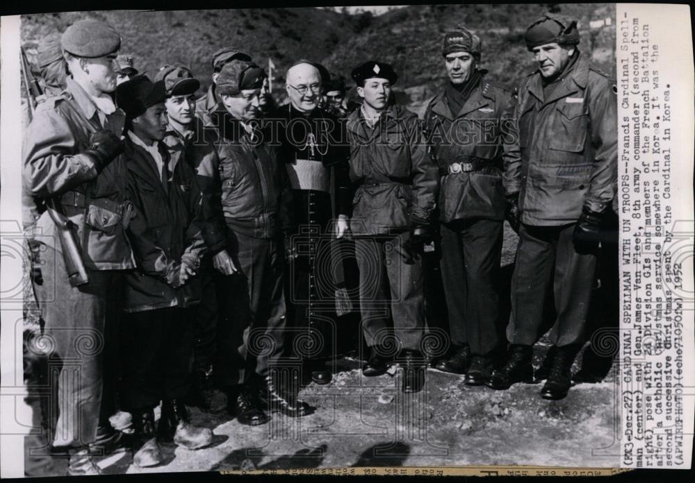 tlthe5th's tweet photo. 1952 Press Photo Francis #CardinalSpellman and General Van Fleet with UN troops in Korea
"Francis Cardinal Spellman (center) and Gen. James Van Fleet, 8th Army Commander (second from right) pose with 2nd Division GI's and members of the French Battalion for a Catholic Christmas service somewhere in Korea. It was the second successive Christmas spent by the Cardinal in Korea."